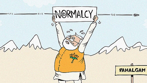 India prime minister Narendra Modi holding up a sign with the word normalcy, with a bullet piercing through it. This is after the Pahalgam shooting in Kashmir. 