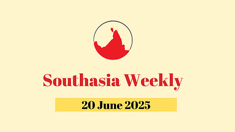 Graphic saying Southasia Weekly 20 June 2025 on a pale yellow background. Upside down map of Southasia as a small round icon on top.