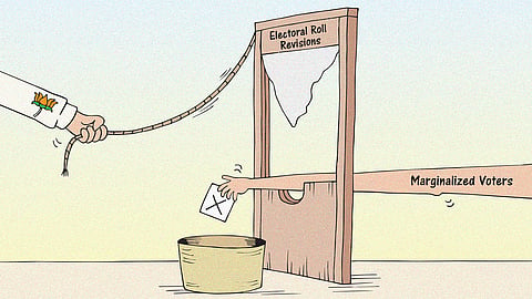 Cartoon showing BJP holding a guillotine marked electoral roll revisions cutting the hand off marginalised voters ahead of Bihar's assembly elections