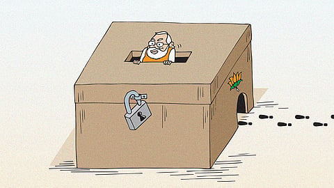 Cartoon of Narendra Modi peeking out the top of a ballot box, with footprints going in through the side, about BJP attempting to control the vote through electoral roll revisions 