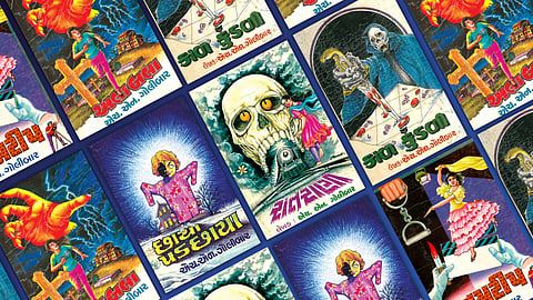 Covers of Gujarati pulp fiction novels by G N Golibar, a stalwart of the genre. [‘Chhaya Padchhaya’, ‘Kaal Kundali’ and  ‘Raatrani’, cover illustration by N Manwar. ‘Alabala’ and ‘Janamteep’, cover illustration by G Sandhwani]