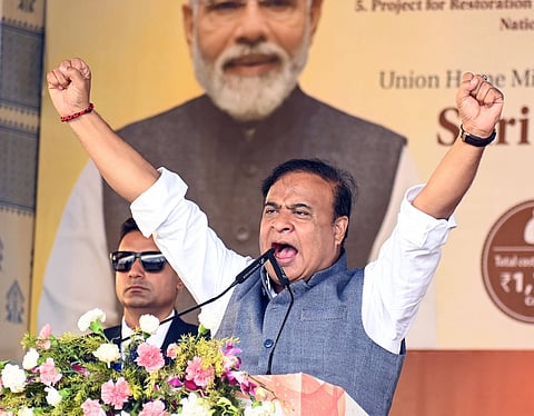Himanta Biswa Sarma, Assam’s chief minister, addresses a public rally of the Bharatiya Janata Party. Ahead of Assam’s state assembly election, Sarma is ratcheting up anti-Muslim hate as part of a tested BJP strategy to play up communal strife for votes. 