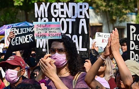 LGBTQ+ community members protest against the 2026 Transgender Amendment Bill in Mumbai, shortly after the bill is passed through India’s Lok Sabha. The bill was then steamrolled through the upper house on 26 March, dismantling constitutional principles of self-identification and pushing the trans community in India into further precarity. 