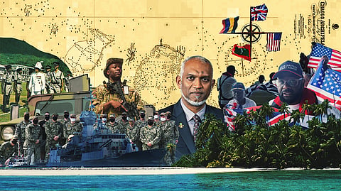 Image of an old map of Chagos islands superimposed with Chagossians returning home, Maldivian president Mohamed Muizzu, the Seychelles governor responsible for displacing Chagossians and military installations on Diego Garcia.  