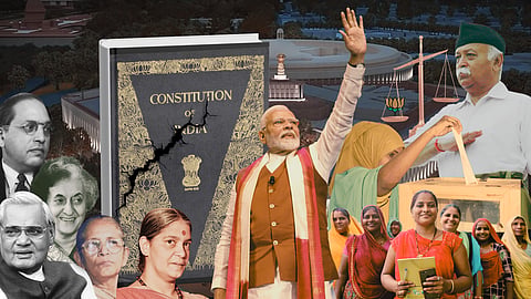 Composite image of Narendra Modi, India's constitution with a crack running across it, Indira Gandhi, Geeta Mukherji, Annie Raja, Ambedkar and Vajpayee, juxtaposed with women voting, and the RSS Mohan Bhagwat on the right, all laid over an image of India's parliament.  
