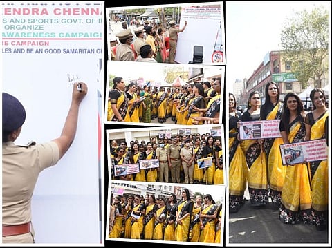 சாலை பாதுகாப்பு மாதத்தை முன்னிட்டு போக்குவரத்து போலீசார் மற்றும் 50 க்கும் மேற்பட்ட திருநங்கைகள் கலந்துகொண்டு விழிப்புணர்வு பிரசாரம்!  இடம்: சென்னை ஸ்பென்சர் சிக்னல் அருகில்!  - படங்கள்: எல்.சீனிவாசன்
