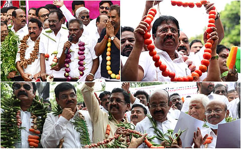 காய்கறி மாலை அணிந்து அதிமுகவினர் ஆர்ப்பாட்டம் - புகைப்படத் தொகுப்பு