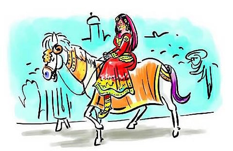 மாப்பிள்ளைக்கு பதிலாக குதிரையில் மணப்பெண் ஊர்வலம் - உ.பி. கிராமத்து திருமணத்தில் விநோதம்