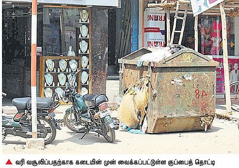 வரி செலுத்தாத கடை வாசலில் குப்பைத் தொட்டி﻿: புதுக்கோட்டை நகராட்சி அதிரடி நடவடிக்கை