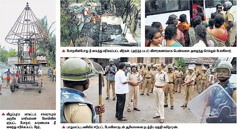 விழுப்புரம் மாவட்டம் சங்கராபுரம் அருகே போலீஸார் துப்பாக்கிச் சூடு﻿: தேர் மீது பெட்ரோல் குண்டு வீச்சு; 4 வீடுகள் தீ வைத்து எரிப்பு - 11 பெண்கள் உட்பட 70 பேர் கைது﻿; ஊரடங்கு உத்தரவு பிறப்பிப்பு﻿