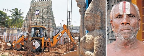 மாமல்லபுரம் ஸ்தலசயன பெருமாள் கோயிலில் அனுமதியின்றி மண்டபம் கட்டும் பணி: அதிகாரிகளை மிரட்டுவதாக குற்றச்சாட்டு﻿