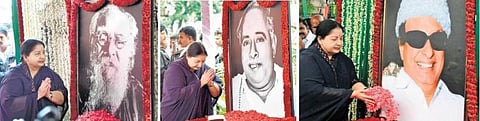 பெரியார், அண்ணா, எம்ஜிஆர் சிலைகளுக்கு முதல்வர் ஜெயலலிதா மரியாதை﻿