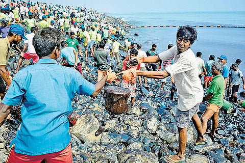 கடலில் படிந்துள்ள எண்ணெய் படலத்தை அகற்ற 150 தீயணைப்பு வீரர்கள் தீவிரம்﻿