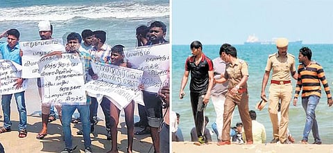 விவசாயிகளுக்கு ஆதரவாக மெரினாவில் கடலில் இறங்கி இளைஞர்கள் போராட்டம்﻿