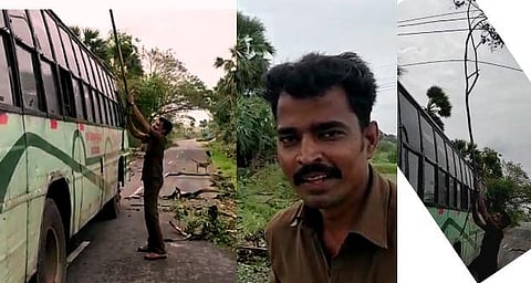 கஜா புயல்; உயிரை துச்சமென மதித்து பணியாற்றும் கண்டக்டர்: மின் கம்பிகளை அகற்றி பேருந்தை வழி நடத்தும் துணிகரம்