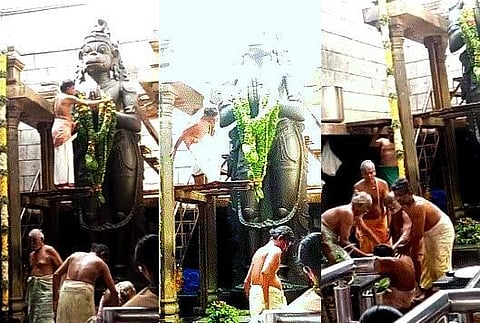 18 அடி உயர நாமக்கல் ஆஞ்சநேயருக்கு பூஜை செய்தபோது விபரீதம்:  கீழே விழுந்த அர்ச்சகர் உயிருக்குப் போராட்டம்