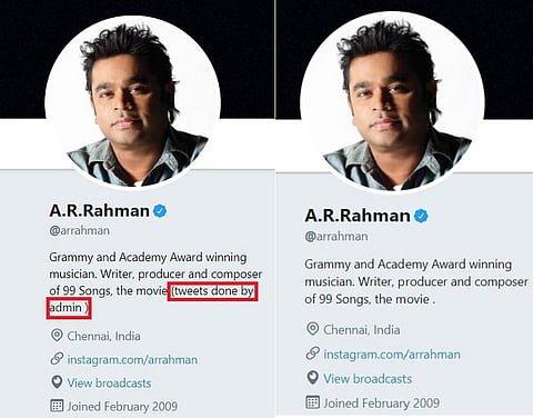 அட்மின் தான் ட்வீட் செய்கிறார்: ஏ.ஆர்.ரஹ்மான் ட்விட்டரில் மாற்றப்பட்ட ‘பயோ’