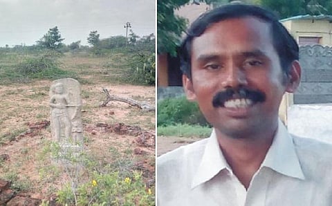 சிவகங்கை அருகே 17-ம் நூற்றாண்டைச் சேர்ந்த வீரரின் நடுகல் சிலை கண்டெடுப்பு