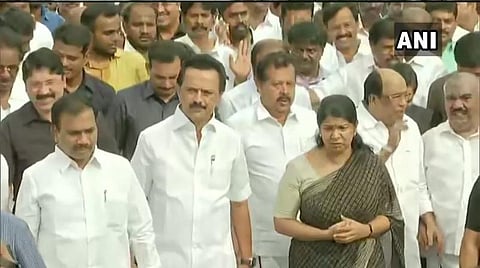 அமைதிப் பேரணியில் பங்கற்ற திமுக தலைவர் மு.க.ஸ்டாலின், எம்.பி.க்கள் கனிமொழி,ஆ.ராசா, தயாநிதி மாறன் உள்ளிட்டோர் பங்கேற்ற காட்சி:  படம் ஏஎன்ஐ