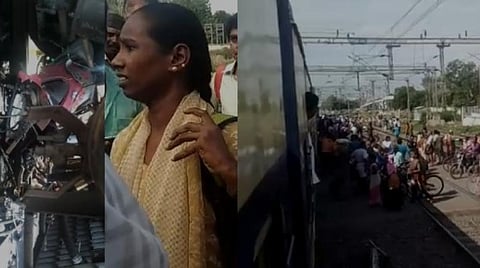 கொருக்குப்பேட்டையில் இரு சக்கர வாகனம் மீது ரயில் மோதல்: நூலிழையில் உயிர் தப்பிய தாய், மகள்கள்