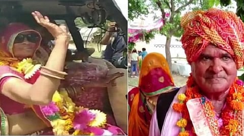 ஹெலிகாப்டரில் அமர்ந்தபிறகு மக்களுக்கு விடைகொடுக்கும் ஆசிரியரின் மனைவி.    (இரண்டாவது படம்) தனது மனைவியுடன் ஹெலிகாப்டரில் பறக்கும் ஆசையை நிறைவேற்றி ஓய்வு பெற்ற பள்ளி ஆசிரியர் ரமேஷ் சந்த் மீனா | படம்: ஏஎன்ஐ