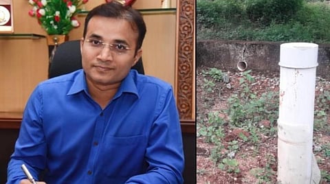 (வலது) திண்டுக்கல் அருகே கன்னியாபுரத்தில் மழைநீர் சேகரிப்பு அமைப்பாக மாற்றப்பட்ட பயனற்ற ஆழ்துளை கிணறு. (இடது) மதுரை ஆட்சியர் வினய்