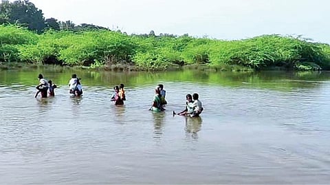 நாகை மாவட்டம் கீழ்வேளூரை அடுத்த ஒக்கூர் வெட்டாற்றில் பாலம் தண்ணீரில் அடித்துச் செல்லப்பட்டதால் குழந்தைகளை பள்ளிக்கு அனுப்பி வைக்க தோளில் தூக்கிக்கொண்டு ஆற்று நீரை கடக்கும் பெற்றோர்.