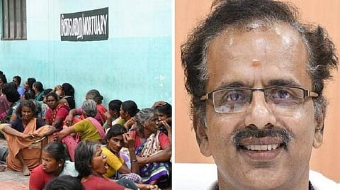மதுரை ராஜாஜி அரசு மருத்துவமனை பிணவறை அருகே பொதுமக்கள் (இடது); மதுரை ராஜாஜி அரசு பொது மருத்துவமனை டீன் சங்குமணி (வலது)