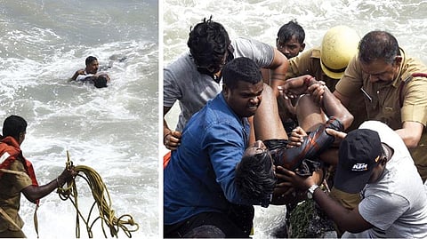 புதுச்சேரி கடலில் குளித்த கல்லூரி மாணவர்கள் கடல் அலையில் சிக்கி இழுத்துச் செல்லப்பட்டனர். அவர்களை தீயணைப்பு வீரர்கள் மீட்டு கரைக்கு கொண்டு வந்தனர். படங்கள்: எம்.சாம்ராஜ்