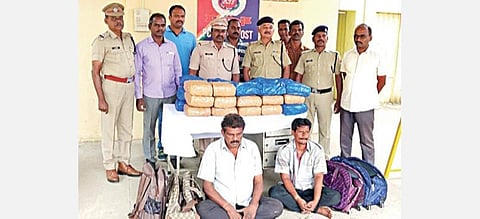 அரக்கோணம் வழியாகச் சென்ற ரயிலில் ரயில்வே பாதுகாப்புப் படையினரால்  56 கிலோ கஞ்சாவுடன் கைது செய்யப்பட்ட இருவர்.
