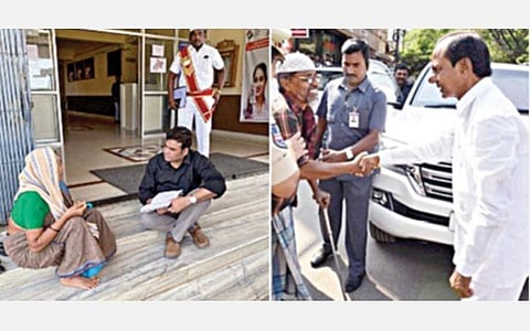 மூதாட்டி அருகில் அமர்ந்து அவரது குறைகளை கேட்கும் ஆட்சியர் முகமது அஜீம் அகமது.  சாலையில் காத்திருந்த மாற்றுத்திறனாளியிடம் காரை விட்டு இறங்கி பிரச்சினைகளை கேட்டறியும் முதல்வர் கே. சந்திரசேகர ராவ்.