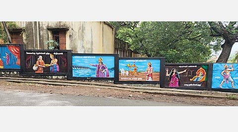 செங்கோட்டையில் அரசு சுவர்களில் வரையப்பட்டுள்ள தமிழ் இலக்கியங்கள் தொடர்பான ஓவியங்கள். படம்: த.அசோக்குமார்