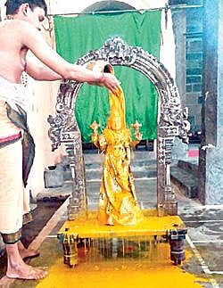 அண்ணாமலையார் கோயிலில் துர்க்கை அம்மனுக்கு நேற்று சிறப்பு அபிஷேகம் நடைபெற்றது.