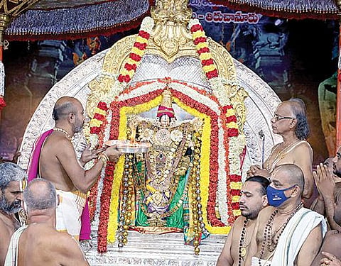 திருச்சானூர் பத்மாவதி தாயார் கோயில் பிரம்மோற்சவத்தின் 7-ம் நாளான நேற்று காலை சூரிய பிரபை வாகனத்தில் தாயார் எழுந்தருளினார்.