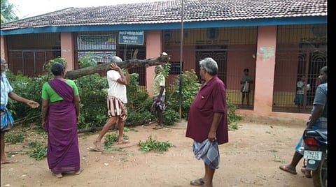 பண்ருட்டியை அடுத்த மருங்கூரில் புயல் அச்சம் காரணமாக மரங்களை வெட்டும் குடியிருப்புவாசிகள்.
