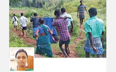 மலையூர் மலைகிராமத்தில் இருந்து உடல்நலம் பாதிக்கப் பட்டவரை டோலி கட்டி தூக்கிச் செல்லும் மக்கள். (உள்படம்) திண்டுக்கல் மாவட்ட வன அலுவலர் வித்யா.