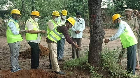மரங்களை மறுநடவு செய்யும் பணியை பூஜை போட்டு ஆட்சியர் சிவன் அருள் தொடங்கிவைத்தார்.