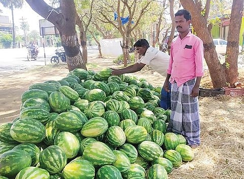 தென்காசியில் விற்பனைக்காக குவித்து வைக்கப்பட்டுள்ள தர்பூசணி பழங்கள்.