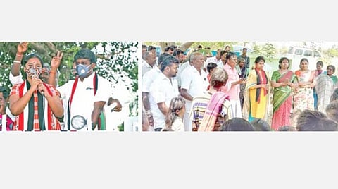 விராலிமலை தொகுதியில் அமைச்சர் சி.விஜயபாஸ்கருடன் பிரச்சாரத்தில் ஈடுபடும் அவரது மகள் ரிதன்யா பிரியதர்ஷினி. (அடுத்த படம்)  திமுக வேட்பாளர் எம்.பழனியப்பனுக்கு ஆதரவாக வாக்கு சேகரிக்கிறார் அவரது மகள் லாவண்யா லட்சுமி .