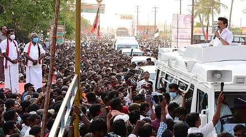 செஞ்சியில் திமுக வேட்பாளர்களை ஆதரித்துப் பேசிய திமுக தலைவர் ஸ்டாலின்.
