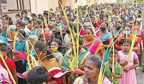 பாளையங்கோட்டையில் நடைபெற்ற குருத்தோலை பவனி.  (வலது) தூத்துக்குடி திருஇருதய பேராலயத்தில் நடைபெற்ற குருத்தோலை பவனியில் பங்கேற்ற இறைமக்கள். படங்கள்: மு.லெட்சுமிஅருண், என்.ராஜேஷ்﻿﻿