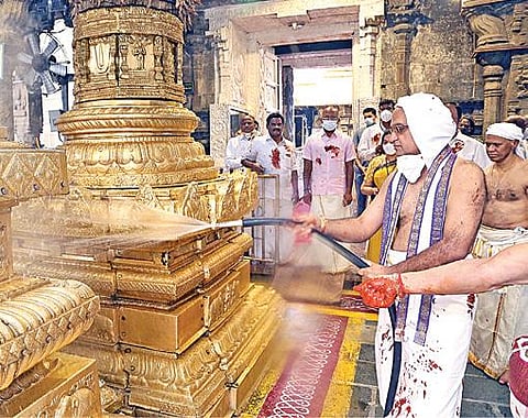 ஆழ்வார் திருமஞ்சன நிகழ்ச்சியையொட்டி, நேற்று திருப்பதி ஏழுமலையான் கோயிலை வாசனை திரவியத்தால் சுத்தப்படுத்திய தேவஸ்தான தலைமை நிர்வாக அதிகாரி ஜவஹர் ரெட்டி.
