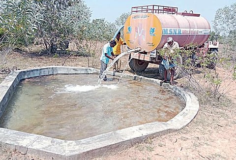 திருப்போரூரை அடுத்த காட்டூர் வனப் பகுதியில் அமைக்கப்பட்டுள்ள தண்ணீர் தொட்டியில் நீர் நிரப்பும் வனத் துறை ஊழியர்கள்.