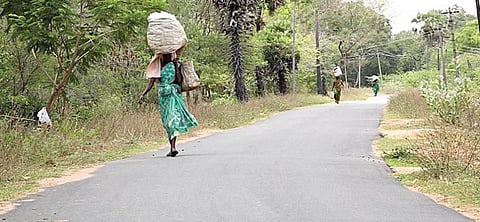 காரைக்குடி அருகே ஏம்பல் சாலையில் இறங்கி நடந்தே பெரியகோட்டை செல்லும் கிராம மக்கள்.