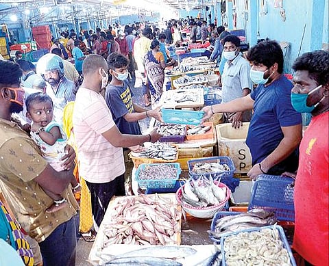 தமிழ்நாட்டில் மீன்பிடித் தடைக்காலம் அமல்படுத்தப்பட்டுள்ளதால் கேரள மாநிலத்தில் இருந்து சென்னைக்கு மீன் வரத்து அதிகரித்துள்ளது. சிந்தாதிரிப்பேட்டை மீன் மார்க்கெட்டில் நேற்று மீன் வாங்க குவிந்த அசைவப் பிரியர்கள். படம்: க.ஸ்ரீபரத்