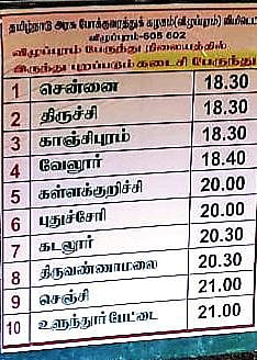 விழுப்புரம் புதிய பேருந்து நிலை யத்தில் போக்குவரத்து கழகத்தால் வைக்கப்பட்டுள்ள அறிவிப்பு .