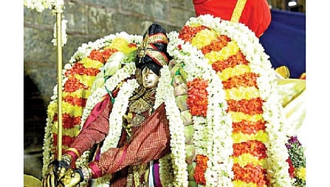 அழகர்கோவிலில் உள்ள சுந்தரராஜப் பெருமாள் கோயில் சித்திரைத் திருவிழாவின் நான்காம் நாளான நேற்று எதிர்சேவையின்போது கள்ளழகர் திருக்கோலத்தில் எழுந்தருளிய சுந்தரராஜப் பெருமாள்.