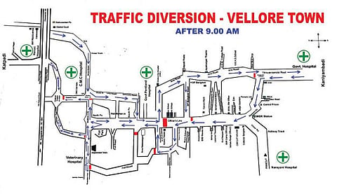 வேலூரில் போக்குவரத்து மாற்றம் செய்துள்ள வரைபடம்.