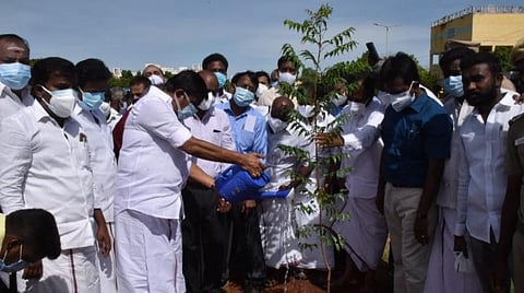 திருச்சி தென்னூர் உழவர் சந்தை மைதானத்தில் மரக்கன்றுகளை நட்ட அமைச்சர் கே.என்.நேரு.