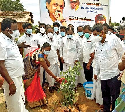 தி.மலை அடுத்த வள்ளிவாகை ஊராட்சியில் கருணாநிதியின் 98-வது பிறந்த நாளையொட்டி, 1,000 மரக்கன்றுகள் நடும் திட்டத்தை   துணை சபாநாயகர் கு.பிச்சாண்டி தொடங்கி வைத்தார்.
